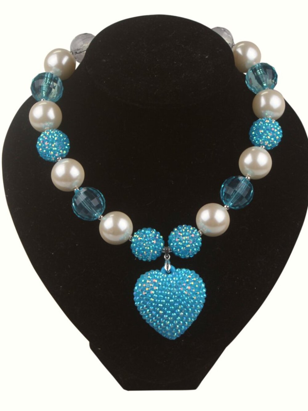 New Blue / Ivory White rhinestone heart chunky beaded necklace